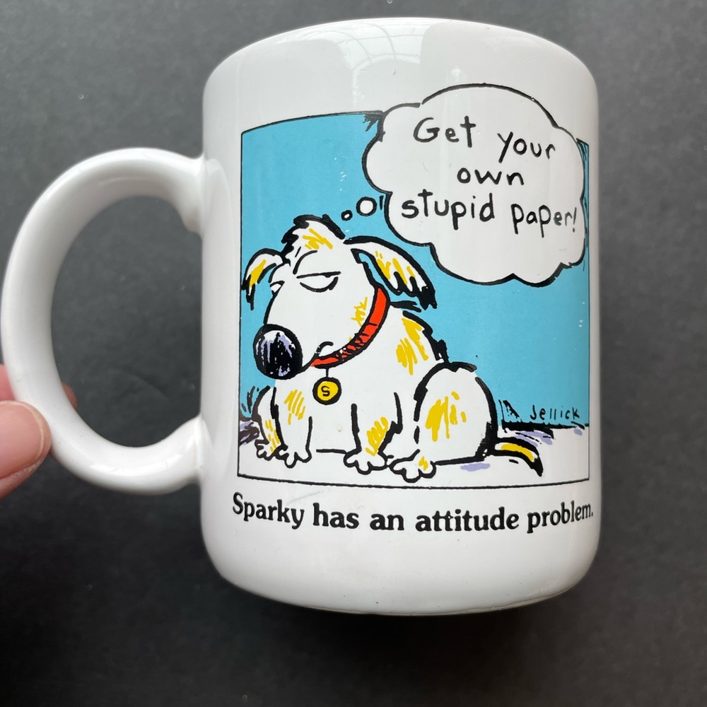 Vintage Shoebox Greetings ‘Sparky has an attitude problem’ ceramic mug.